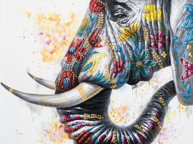 Tableau ANIMAL Tête d'Eléphant de profil décoré de fleurs multicolores 120x90cm