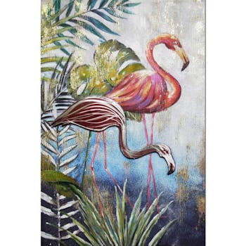 Tableau animaux 2 flamands roses fond bleu