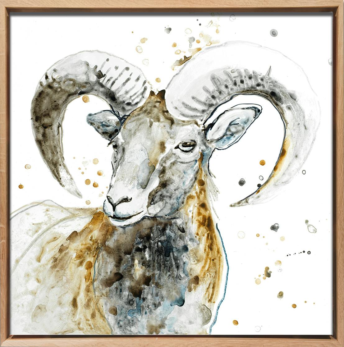 Tableau ANIMAUX Aquarelle d'un bélier Caisse américaine en chêne massif 60x60cm