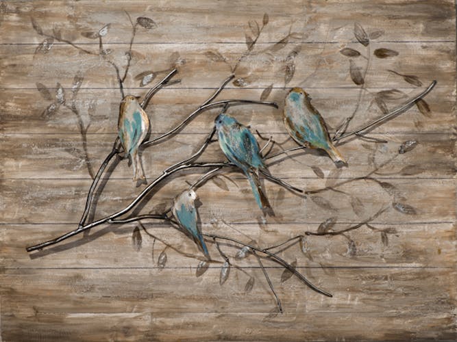 Tableau ANIMAUX Branche et oiseaux tons blancs, beiges, bruns, bleus et dorés 60x80cm