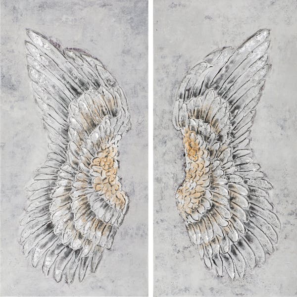 Tableau ANIMAUX Dyptique ailes tons argentés, bleus et beiges 120x120cm