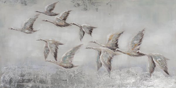 Tableau ANIMAUX Envolée d'oies tons argentés, bleus et blancs 70x140cm