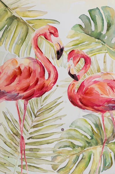 Tableau ANIMAUX Flamands rose et feuilles tropicales 80x120cm