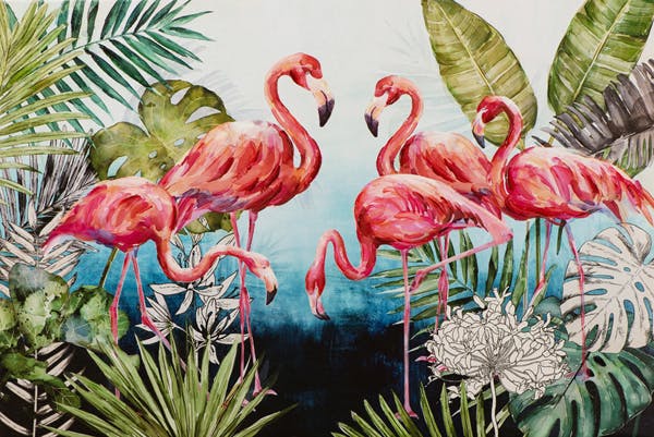 Tableau ANIMAUX Flamands rose, feuilles tropicales et fleurs 80x120cm