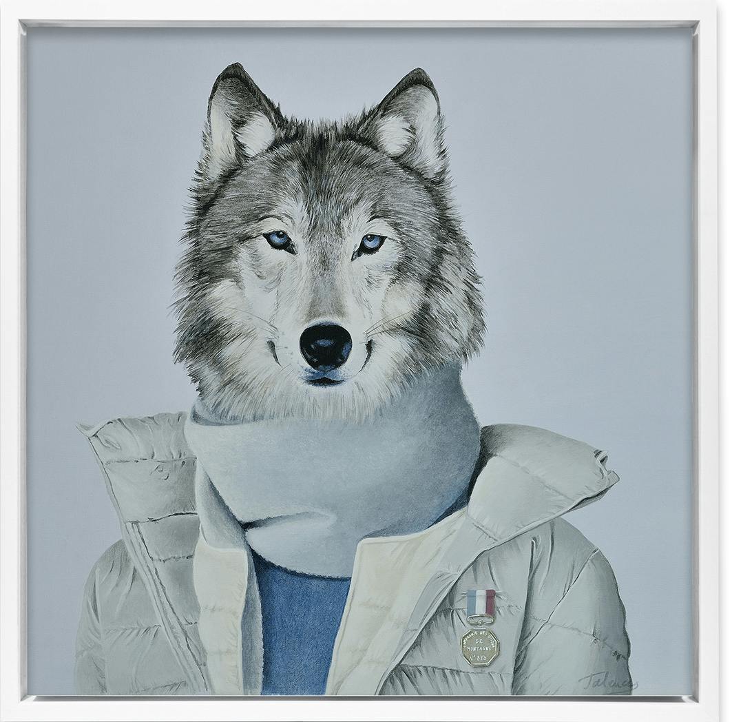 Tableau ANIMAUX Loup en blouson aviateur Caisse américaine en bois blanc 30x30cm