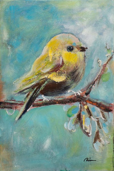 Tableau ANIMAUX Oiseau sur branche tons bleus et jaunes 40x60cm