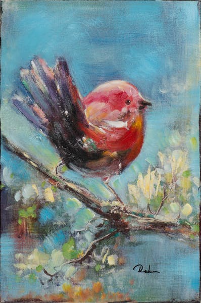 Tableau ANIMAUX Oiseau sur branche tons bleus et rouges 40x60cm