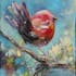 Tableau ANIMAUX Oiseau sur branche tons bleus et rouges 40x60cm