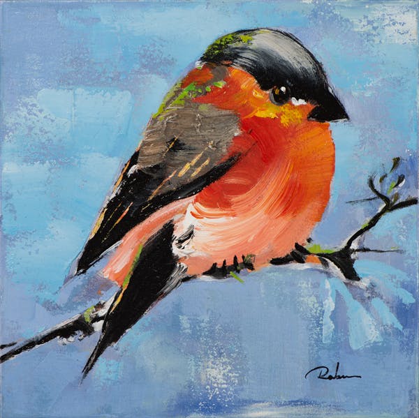 Tableau ANIMAUX Oiseau sur branche tons bleus, rouges et noirs 40x60cm