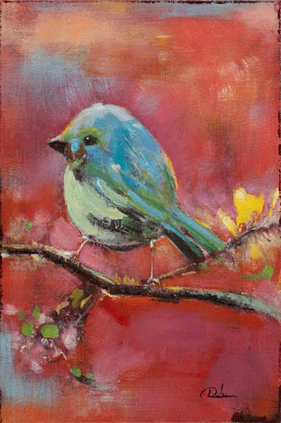 Tableau ANIMAUX Oiseau sur branche tons rouges et bleus 40x60cm