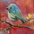 Tableau ANIMAUX Oiseau sur branche tons rouges et bleus 40x60cm