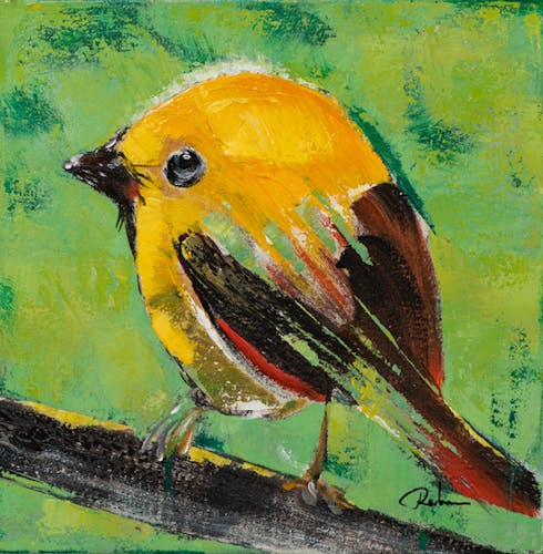Tableau ANIMAUX Oiseau sur branche tons verts et jaunes 40x60cm