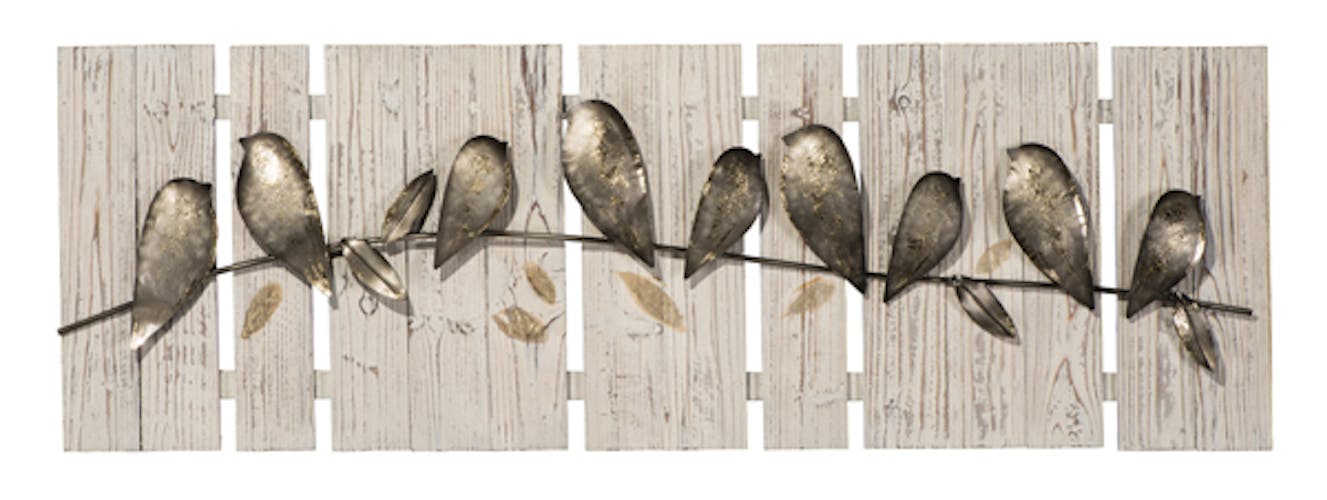 Tableau ANIMAUX Oiseaux alignés tons beiges, bruns, blancs et dorés 40x120cm