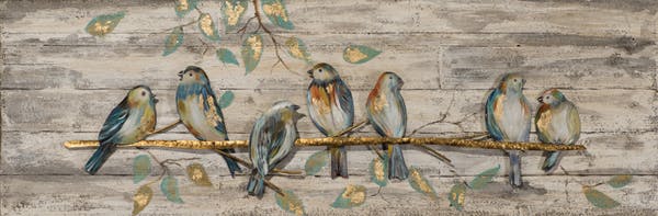Tableau ANIMAUX Oiseaux sur branche tons noirs, blancs, beiges, bruns 40x120cm