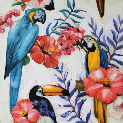 Tableau animaux perroquets, toucans et fleurs