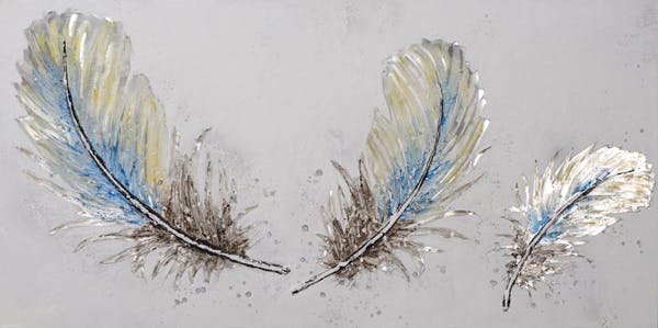 Tableau ANIMAUX Plumes tons bleus, argentés et beiges 70x140cm
