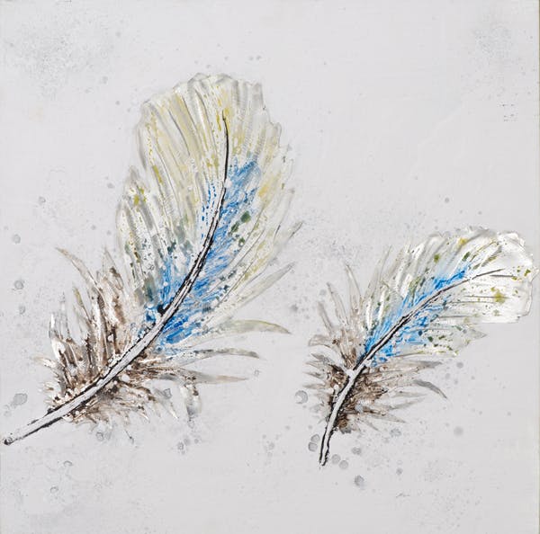 Tableau ANIMAUX Plumes tons bleus, blancs et argentés 60x60cm