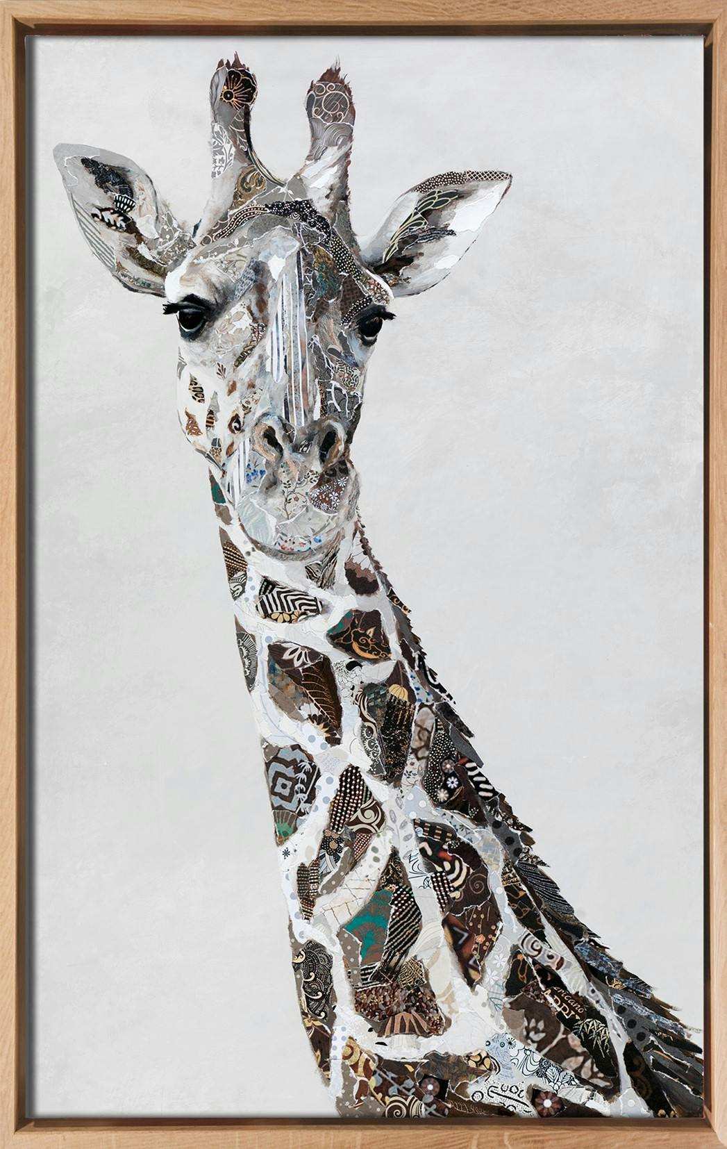 Tableau ANIMAUX Tête de girafe tons gris Caisse américaine en chêne massif 60x90cm