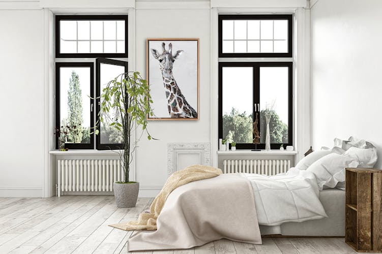 Tableau ANIMAUX Tête de girafe tons gris Caisse américaine en chêne massif 60x90cm
