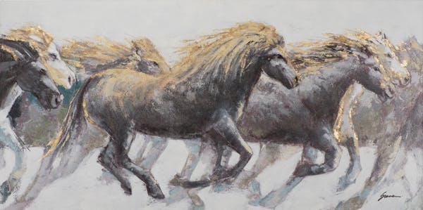Tableau ANIMAUX Troupeau de chevaux tons beiges, bruns, noirs et blancs 70x140cm