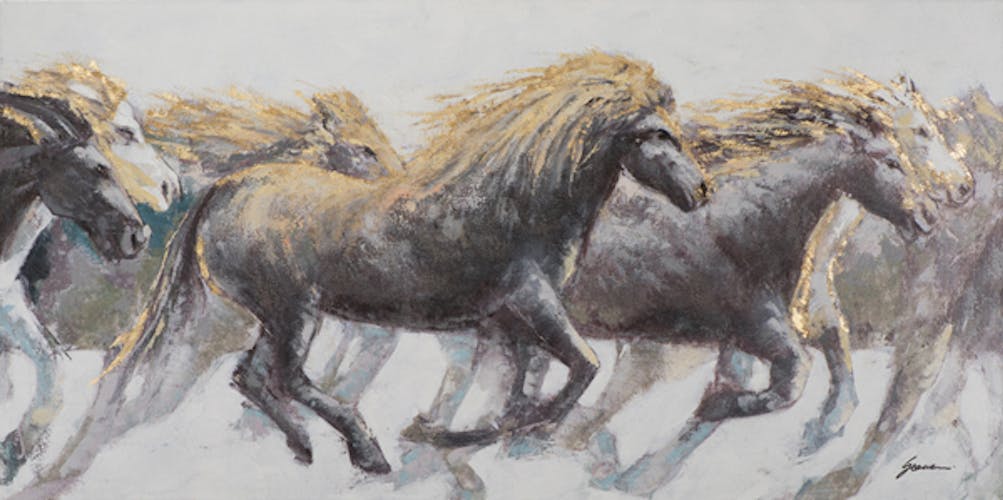 Tableau ANIMAUX Troupeau de chevaux tons beiges, bruns, noirs et blancs 70x140cm