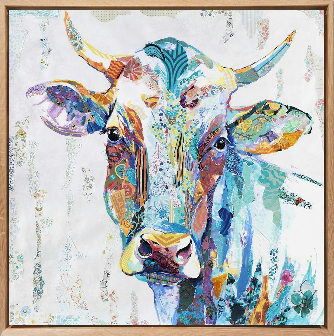 Tableau ANIMAUX Vache colorée II Caisse américaine en chêne 70x70cm