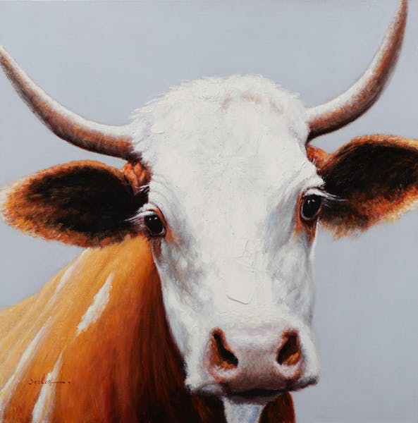 Tableau ANIMAUX Vache tons blancs, bruns et noirs 100x100cm