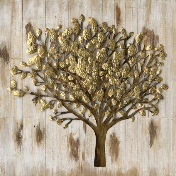 Tableau Arbre 100x100 ajout éléments métal en 3D sur bois. Peinture acrylique