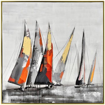  Tableau bateaux gris, rouge, or, cadre doré 80x80