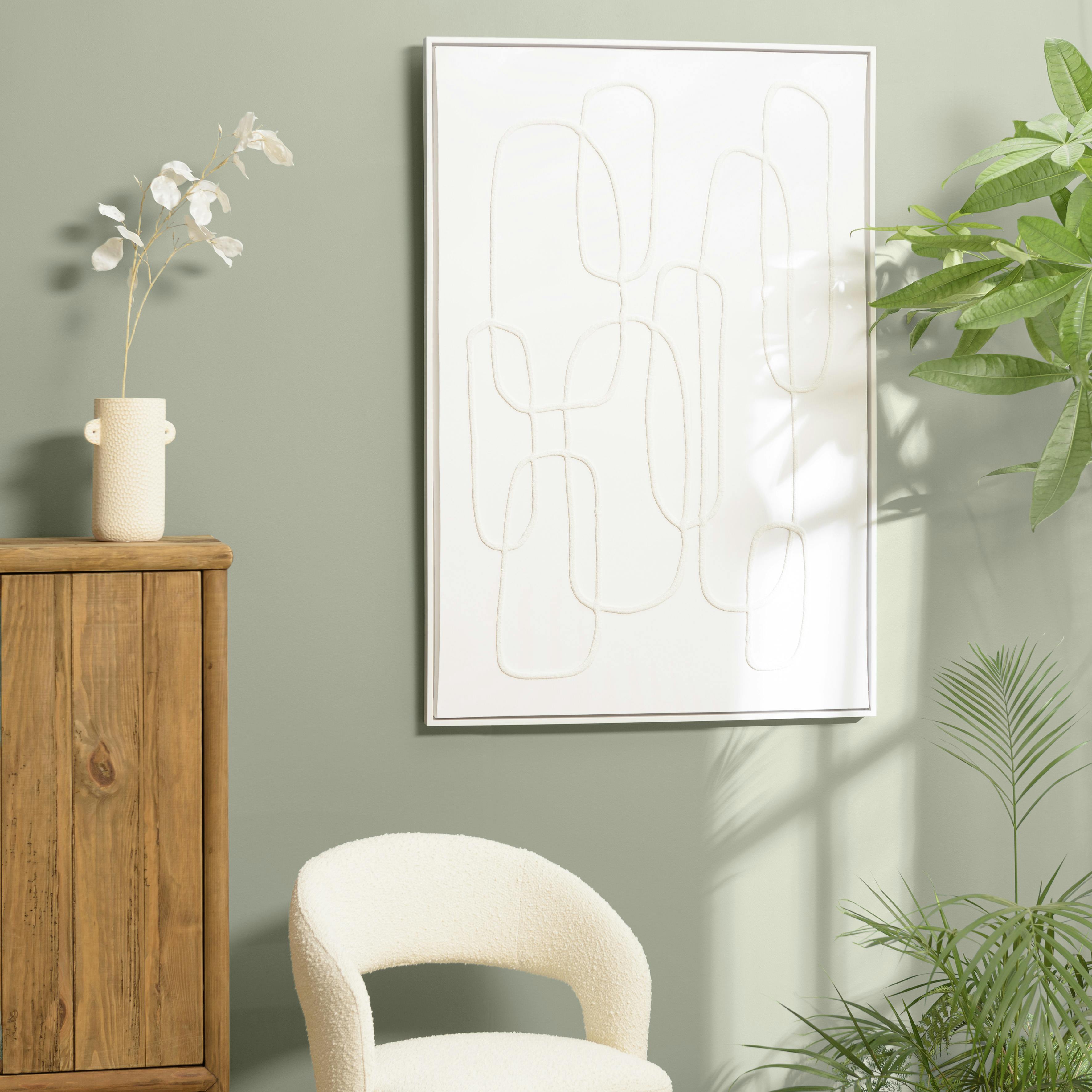 Tableau blanc lignes entremêlées peinture au sable 83 x 123 cm