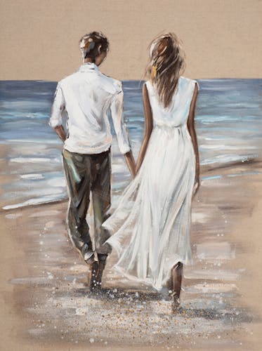 Tableau bord de mer couple marchant sur plage