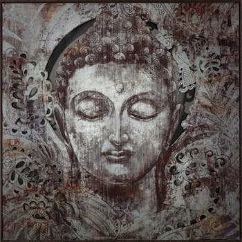 Tableau Bouddha argenté sur plaque métal découpée 100x100