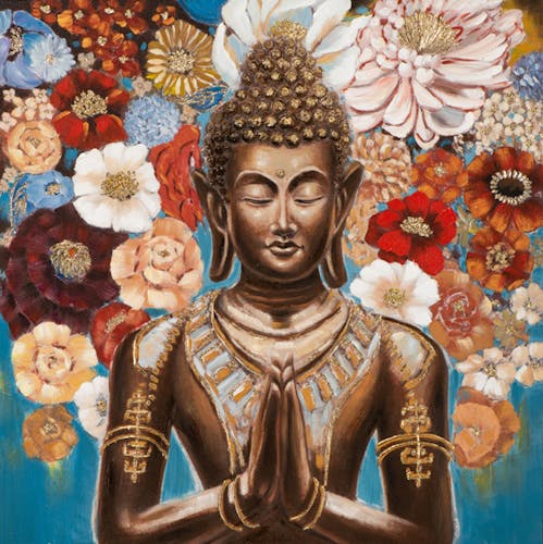 Tableau Bouddha et fleurs fond bleu
