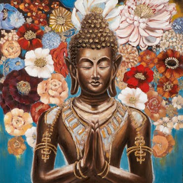  Tableau Bouddha et fleurs fond bleu