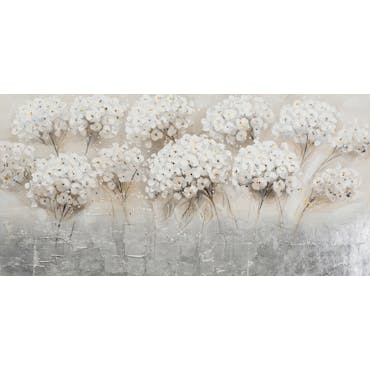  Tableau Bouquet de FLEURS Blanches c?ur jaune tons gris et beiges avec feuilles métal 70x140cm