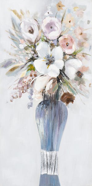 Tableau Bouquet de FLEURS M1 couleurs douces tons blancs, noirs, beiges, verts, bleus et argentés 50x100cm