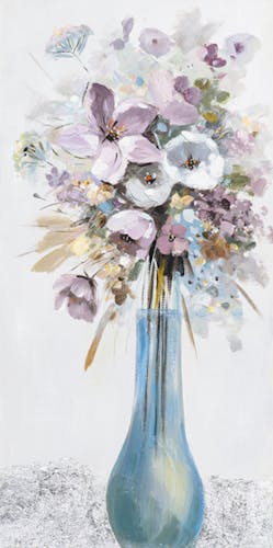 Tableau Bouquet de FLEURS M2 couleurs douces tons blancs, noirs, beiges, verts, bleus et argentés 50x100cm