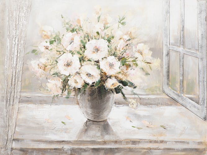 Tableau Bouquet de FLEURS sur fenêtre tons blancs, noirs, beiges et verts 120x90cm