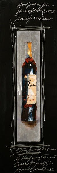 Tableau Bouteille de vin 40x120 Argenté. Ajout d'éléments métal en 3D. Peinture acrylique