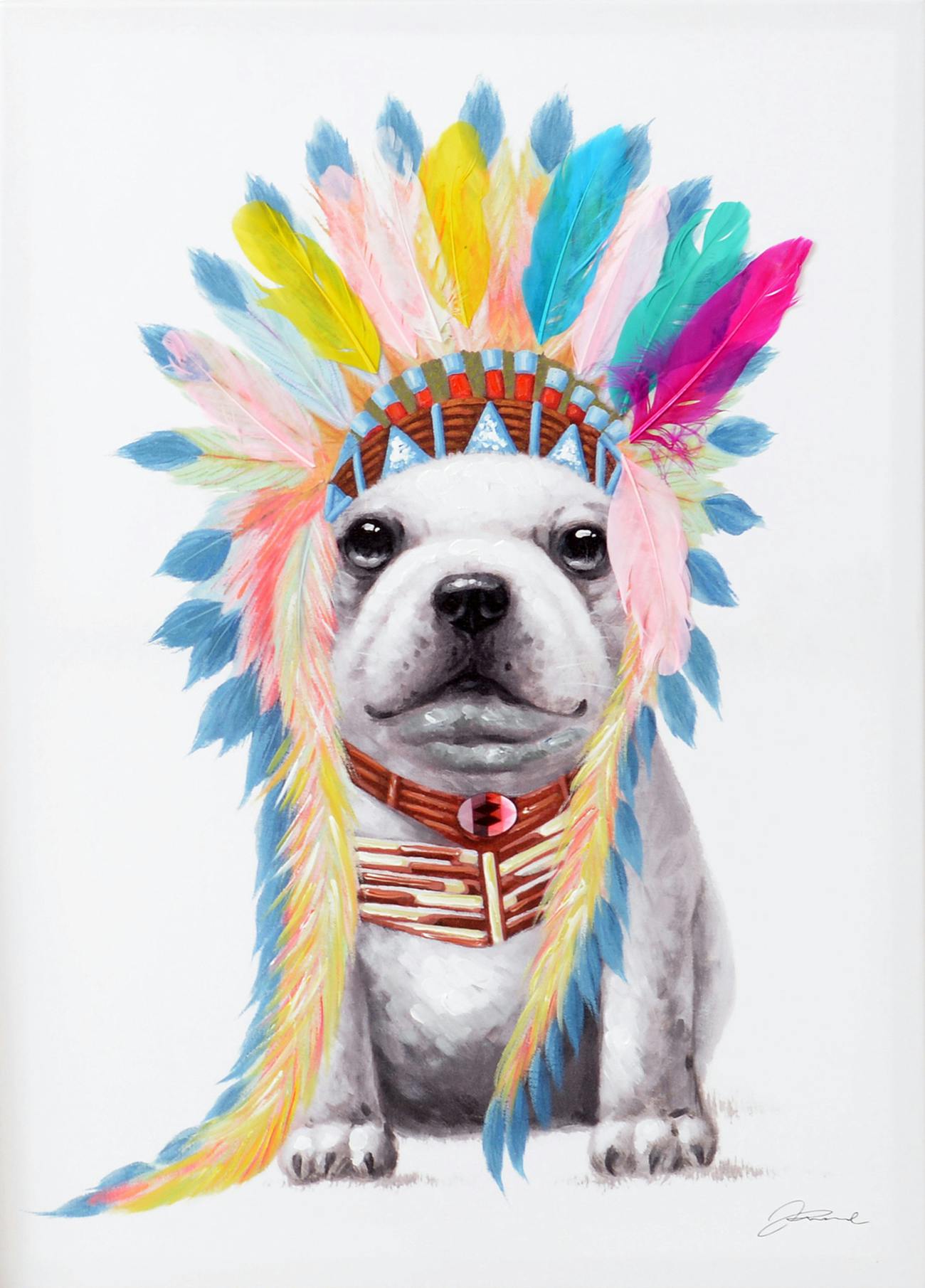 Tableau bulldog coiffe d'indien multicolore modèle 1