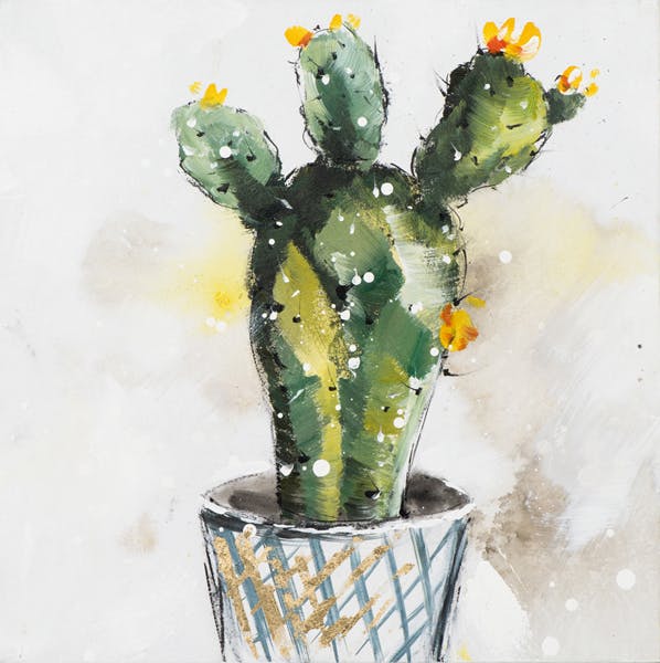 Tableau Cactus en FLEURS 3 "Têtes" multicolore sur fond tons beiges 40x40cm