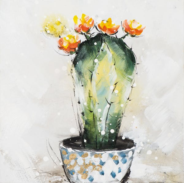 Tableau Cactus en FLEURS multicolore sur fond tons beiges 40x40cm