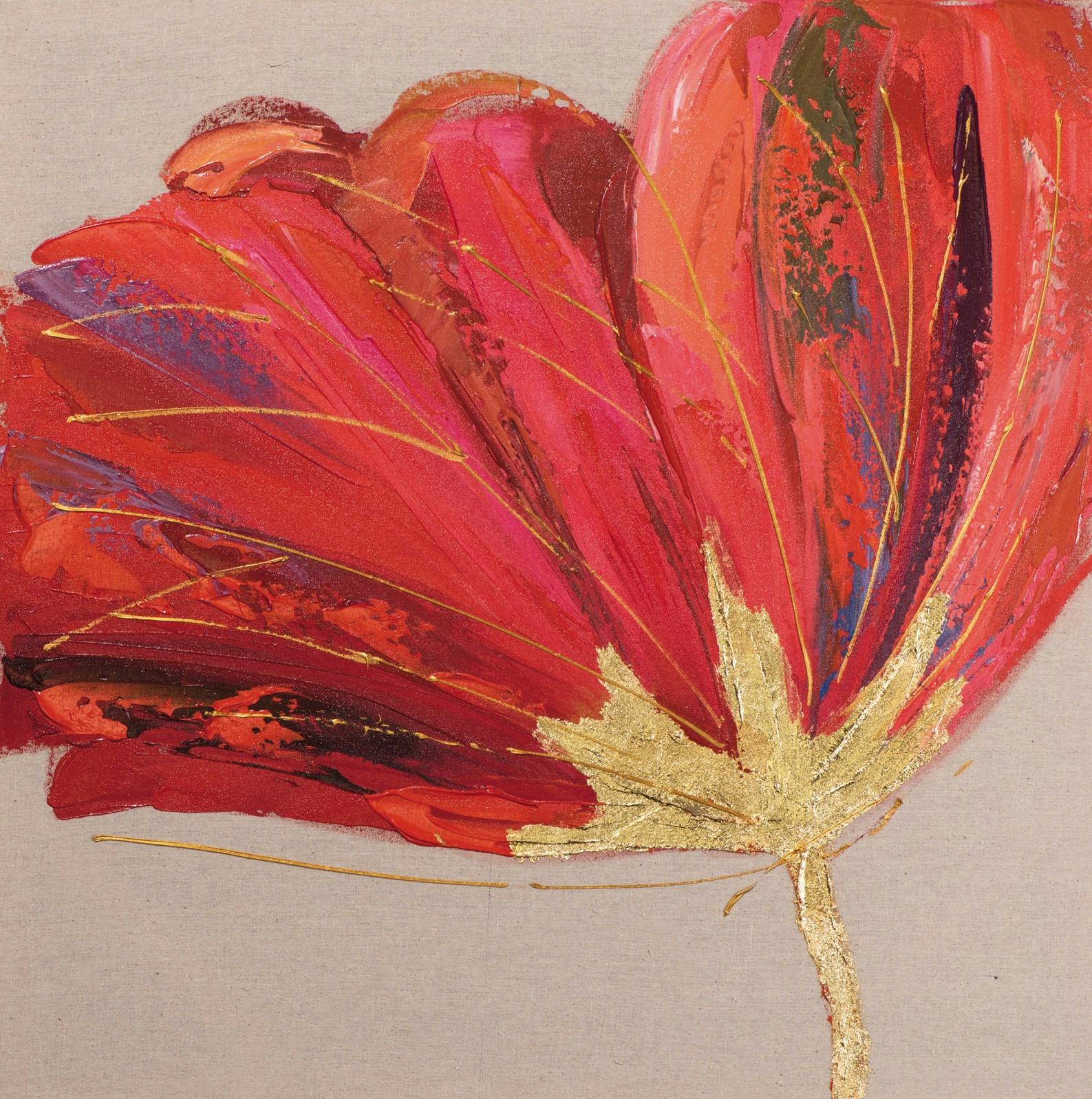 Tableau coquelicot 70x70 - peinture rouge et ajout d'éléments dorés