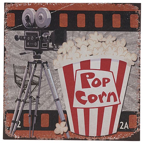 Tableau cornet de popcorn et caméra 28x28x1cm