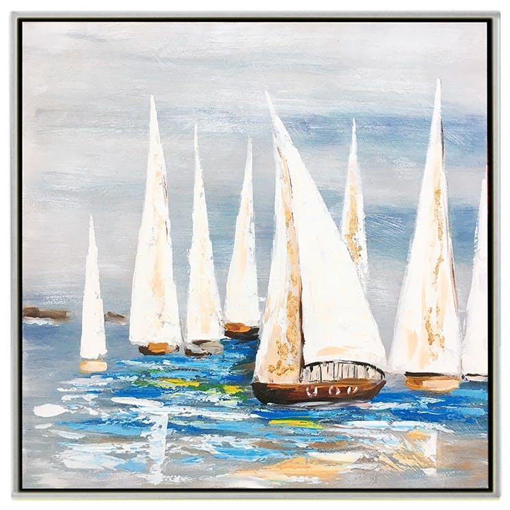 Tableau de bateaux multicolores fond gris cadre argent