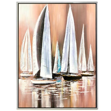 Tableau de bateaux et coucher de soleil cadre argent