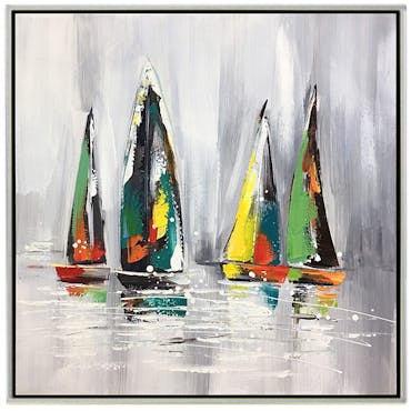 Tableau de bateaux multicolores fond gris cadre argent