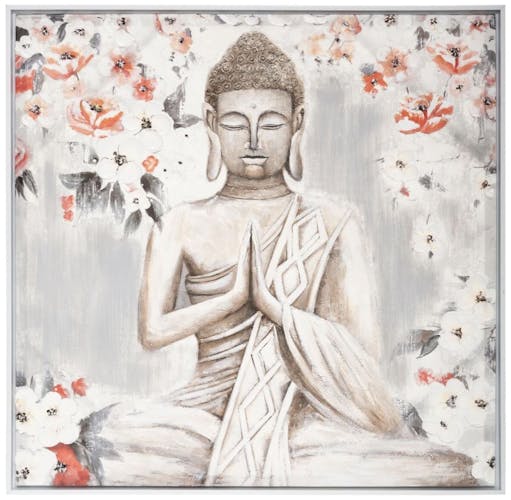 Tableau de Bouddha fond gris et fleurs