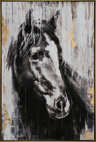 Tableau de cheval de face noir, blanc et or