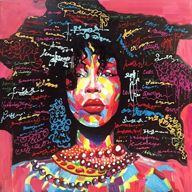 Tableau de femme africaine cheveux multicolores 100x100